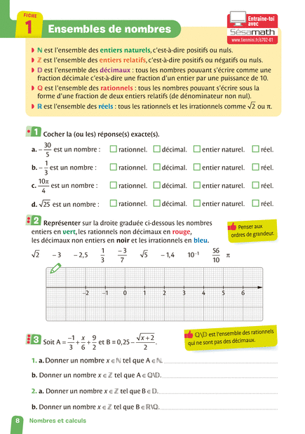 La page 8 du livret imprimé, telle que la diffuse Sésamath : fiche 1, Ensembles de nombres.